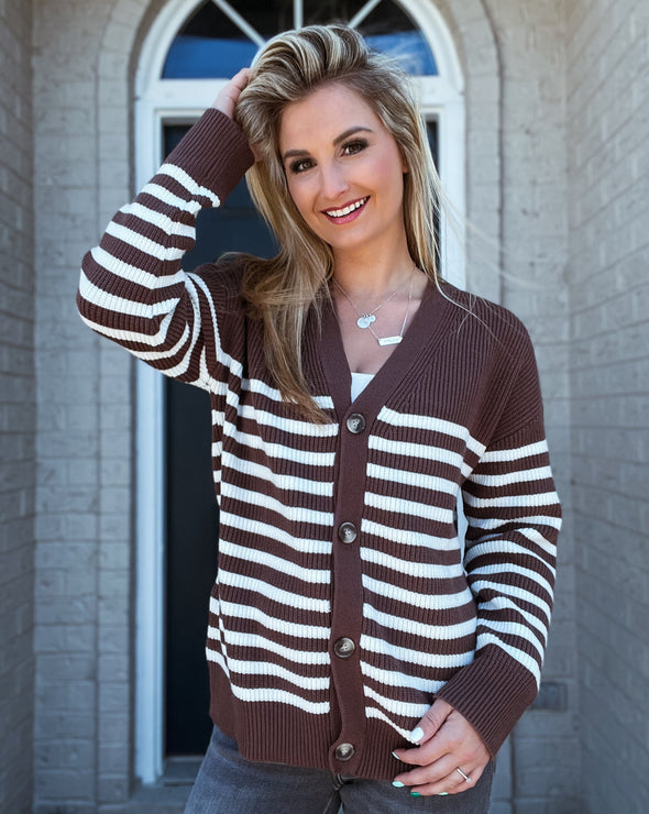 MEROKEETY Button V Neck Oversized Striped Cardigan Sweater