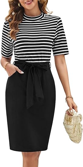 MEROKEETY Women's Striped Midi T-Shirt Dress with Pockets