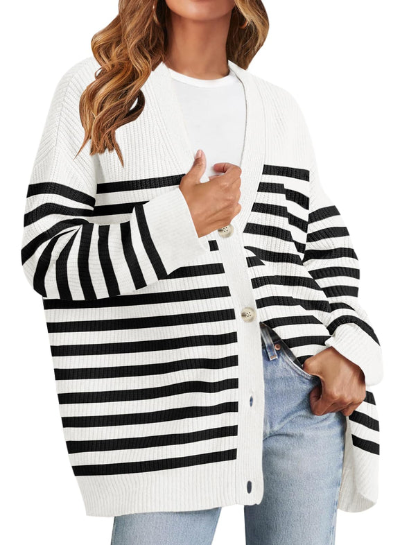 MEROKEETY Button V Neck Oversized Striped Cardigan Sweater