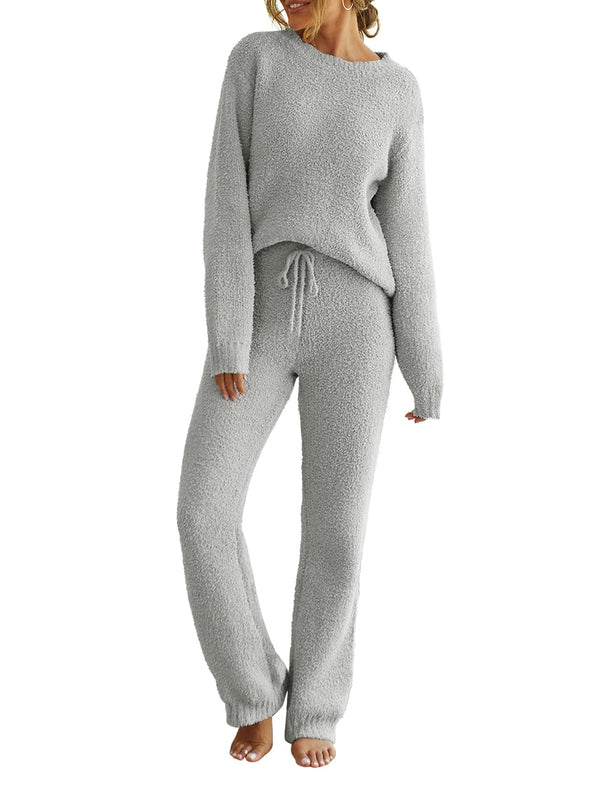 MEROKEETY Fuzzy Fleece Long Sleeve Sweater Pants Pajama Set