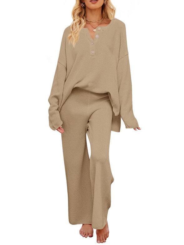 MEROKEETY Button Knit Pullover Sweater and Pants Lounge Set