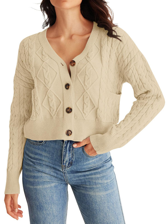 MEROKEETY Long Sleeve Open Front Cable Knit Crop Cardigan