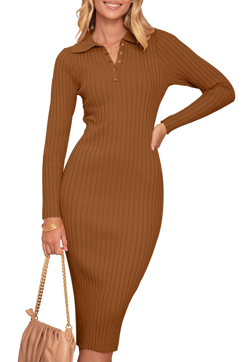 MEROKEETY Long Sleeve V Neck Ribbed Sweater Midi Dress – Merokeety