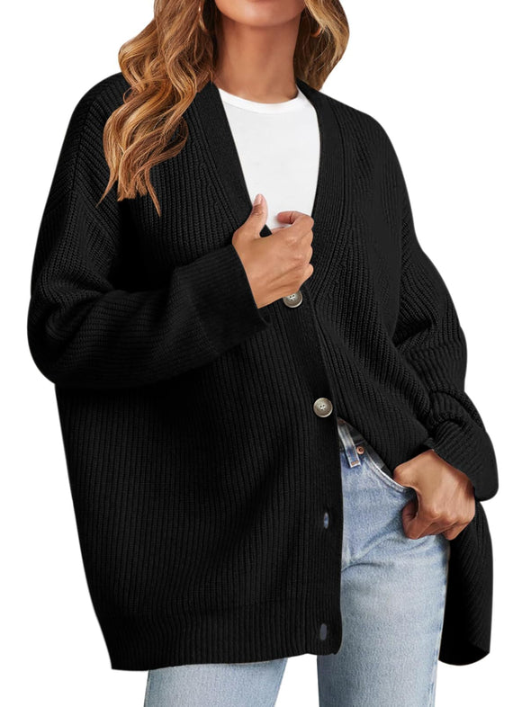 MEROKEETY Open Front Oversized Button V Neck Cardigan Sweater