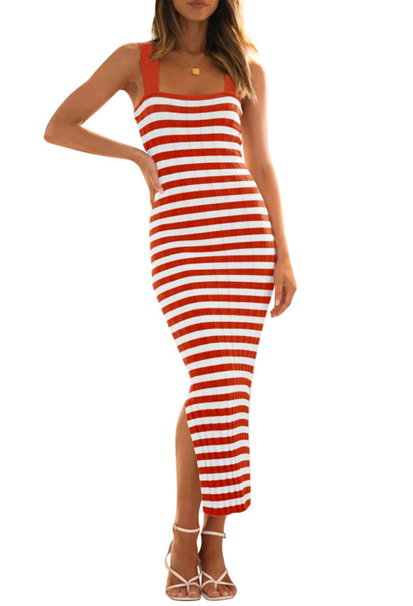 MEROKEETY Sleeveless Square Neck Striped Knit Midi Dress