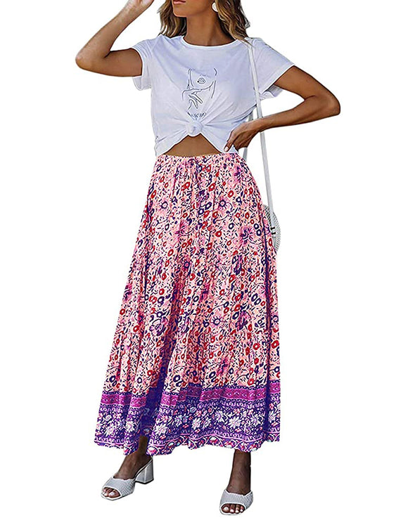 MEROKEETY Boho Floral Print Pleated Skirt