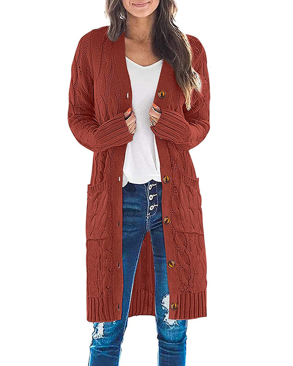 MEROKEETY 2023 Cable Knit Long Button Cardigan