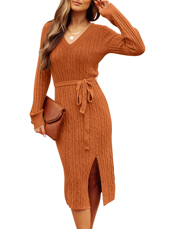 MEROKEETY Pullover Belted Bodycon Slit Sweater Dress