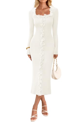 MEROKEETY Bodycon Square Neck Ruffle Ribbed Knit Dresses