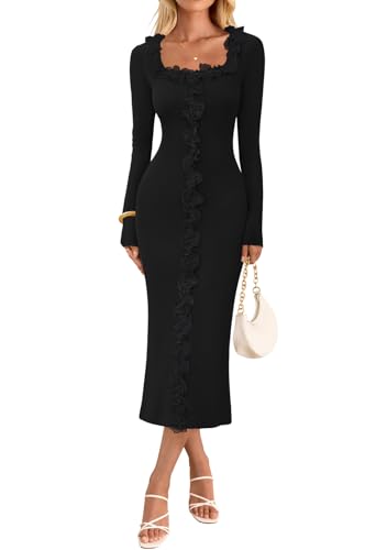 MEROKEETY Bodycon Square Neck Ruffle Ribbed Knit Dresses