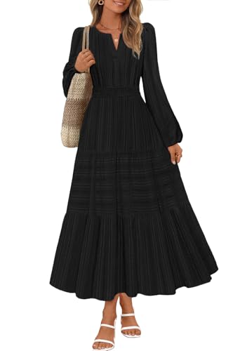MEROKEETY Puff Casual V Neck Elastic Waist Tiered Cotton Dresses