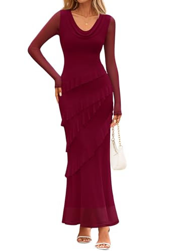 MEROKEETY Bodycon Cowl Neck Mesh Ruffle Wedding Guest Dresses