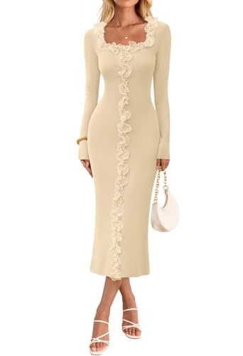 MEROKEETY Bodycon Square Neck Ruffle Ribbed Knit Dresses