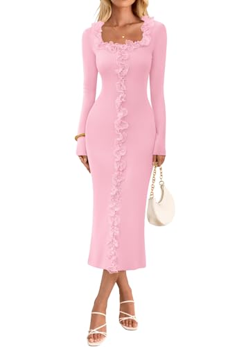 MEROKEETY Bodycon Square Neck Ruffle Ribbed Knit Dresses