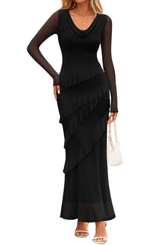 MEROKEETY Bodycon Cowl Neck Mesh Ruffle Wedding Guest Dresses