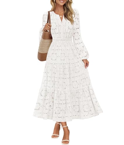 MEROKEETY Floral V Neck Lace Eyelet Hollow Out Tiered Dresses