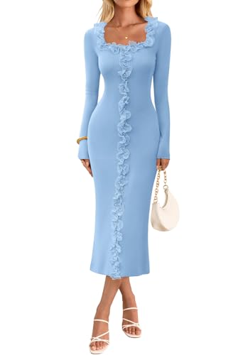 MEROKEETY Bodycon Square Neck Ruffle Ribbed Knit Dresses