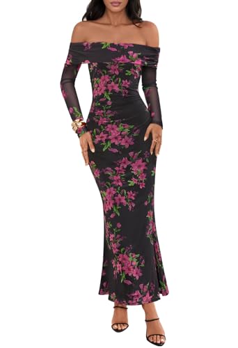 MEROKEETY Off Shoulder Floral Bodycon Cocktail Wedding Dress