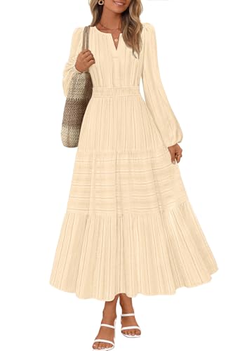 MEROKEETY Puff Casual V Neck Elastic Waist Tiered Cotton Dresses