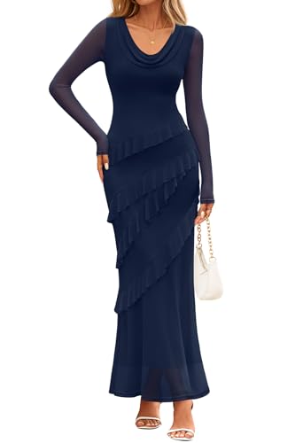 MEROKEETY Bodycon Cowl Neck Mesh Ruffle Wedding Guest Dresses