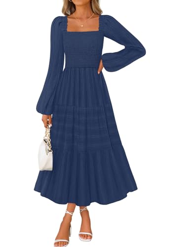 MEROKEETY Fall Square Neck Smocked Flowy Tiered Dresses