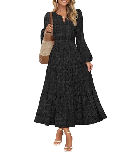 MEROKEETY Floral V Neck Lace Eyelet Hollow Out Tiered Dresses