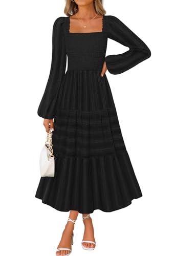 MEROKEETY Fall Square Neck Smocked Flowy Tiered Dresses