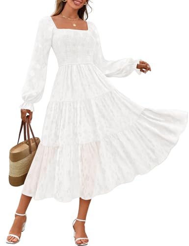 MEROKEETY Floral Smocked Ruffle Tiered Square Neck Wedding Dresses