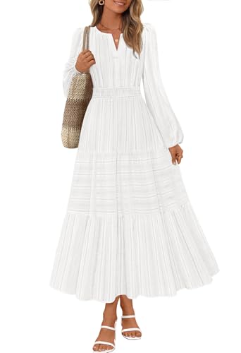 MEROKEETY Puff Casual V Neck Elastic Waist Tiered Cotton Dresses