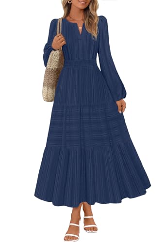 MEROKEETY Puff Casual V Neck Elastic Waist Tiered Cotton Dresses