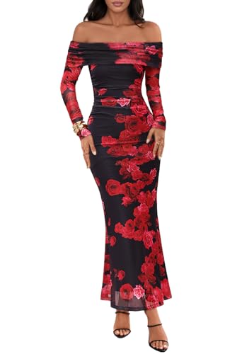 MEROKEETY Off Shoulder Floral Bodycon Cocktail Wedding Dress