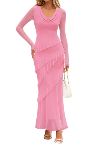 MEROKEETY Bodycon Cowl Neck Mesh Ruffle Wedding Guest Dresses