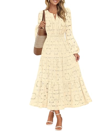 MEROKEETY Floral V Neck Lace Eyelet Hollow Out Tiered Dresses