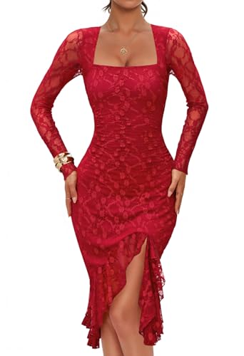 MEROKEETY Bodycon Square Neck Ruched Ruffle Hem Sexy Dresses