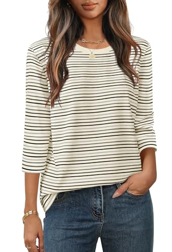 MEROKEETY 3/4 Sleeve Blouse Crewneck Colorful Striped Shirt