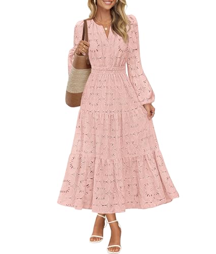 MEROKEETY Floral V Neck Lace Eyelet Hollow Out Tiered Dresses