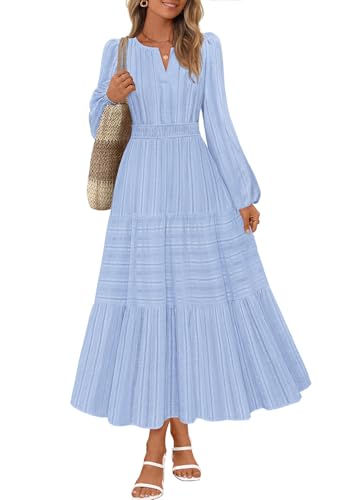MEROKEETY Puff Casual V Neck Elastic Waist Tiered Cotton Dresses