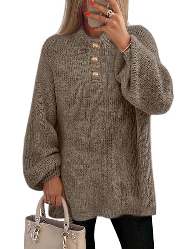 MEROKEETY Oversized Sweaters Chunky Lantern Buttoned Mock Neck Tops