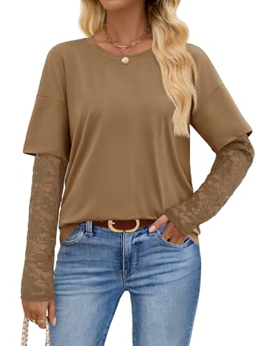 MEROKEETY Lace Casual Crew Neck Trendy Cute T Shirts Blouses