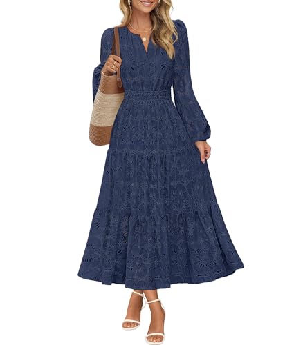 MEROKEETY Floral V Neck Lace Eyelet Hollow Out Tiered Dresses