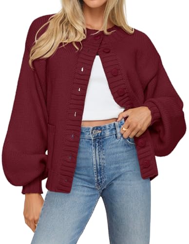 MEROKEETY Lantern Sleeve Button Down Crewneck Open Front Coat