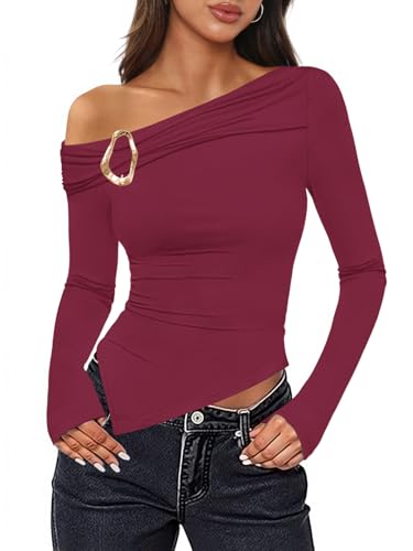MEROKEETY Off Shoulder Ruched Fitted Going Out Asymmetrical Shirt