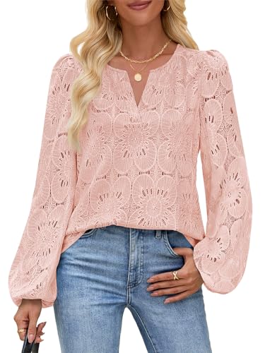 MEROKEETY Eyelet Long Sleeve Tops Dressy Casual V Neck Shirts