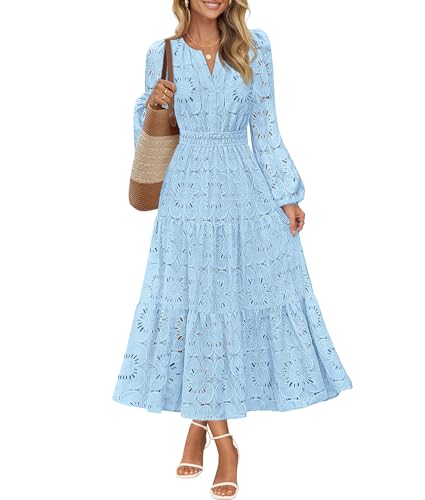 MEROKEETY Floral V Neck Lace Eyelet Hollow Out Tiered Dresses