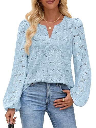 MEROKEETY Eyelet Long Sleeve Tops Dressy Casual V Neck Shirts