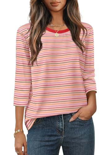 MEROKEETY 3/4 Sleeve Blouse Crewneck Colorful Striped Shirt