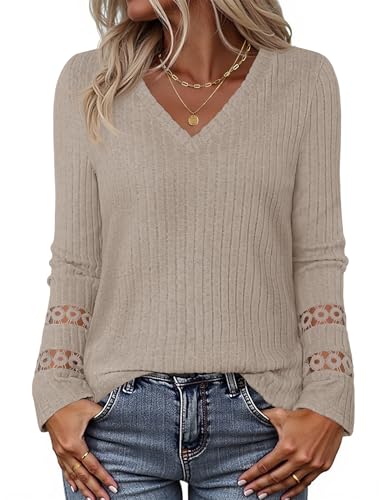 MEROKEETY Trendy V Neck Ribbed Lightweight Sweaters T Shirts