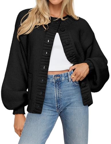 MEROKEETY Lantern Sleeve Button Down Crewneck Open Front Coat