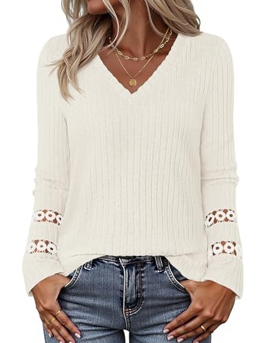 MEROKEETY Trendy V Neck Ribbed Lightweight Sweaters T Shirts