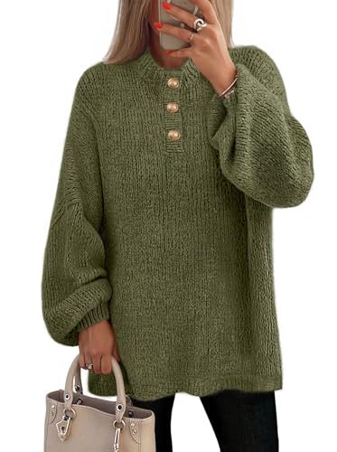 MEROKEETY Oversized Sweaters Chunky Lantern Buttoned Mock Neck Tops